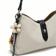 Boho Beige Canvas & Leather Hobo Bag, Casual Crossbody Shoulder Bag with Flower Charm for Everyday