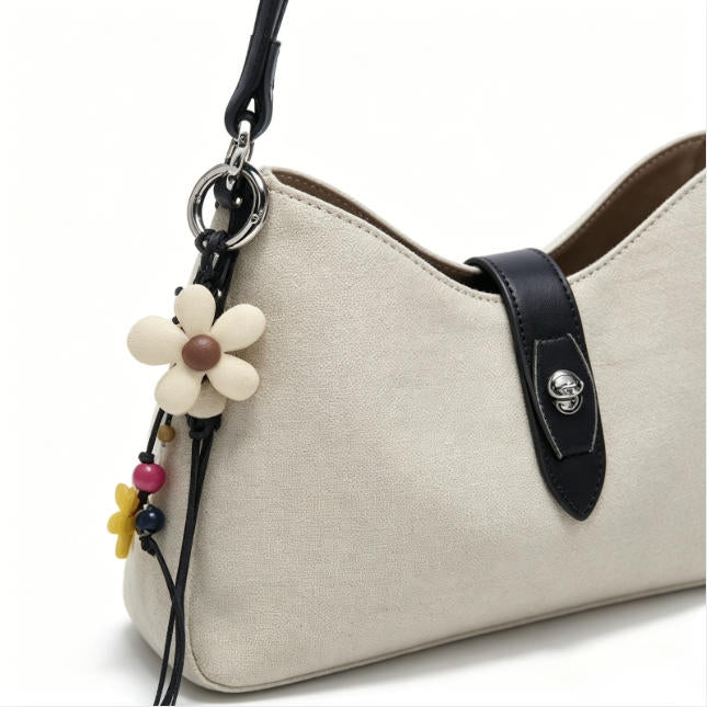 Boho Beige Canvas & Leather Hobo Bag, Casual Crossbody Shoulder Bag with Flower Charm for Everyday