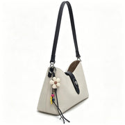Boho Beige Canvas & Leather Hobo Bag, Casual Crossbody Shoulder Bag with Flower Charm for Everyday