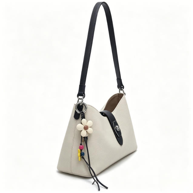 Boho Beige Canvas & Leather Hobo Bag, Casual Crossbody Shoulder Bag with Flower Charm for Everyday