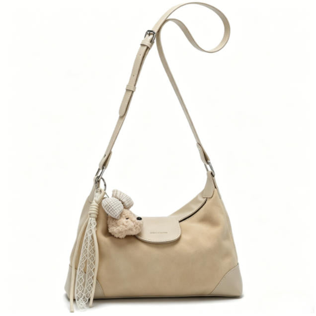 Soft Beige Suede & Genuine Leather Hobo Crossbody Bag, Women's Shoulder Bag with Teddy Bear Charm & Lace Tassel, OEM/ODM Customizable