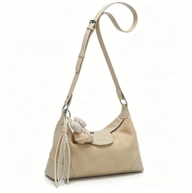 Soft Beige Suede & Genuine Leather Hobo Crossbody Bag, Women's Shoulder Bag with Teddy Bear Charm & Lace Tassel, OEM/ODM Customizable