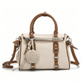 Boho Beige Canvas & Leather Crossbody Satchel, Multi-Way Shoulder Bag with Woven Charm & Adjustable Strap