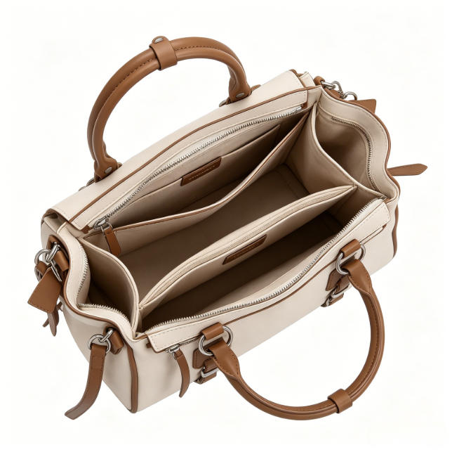 Boho Beige Canvas & Leather Crossbody Satchel, Multi-Way Shoulder Bag with Woven Charm & Adjustable Strap