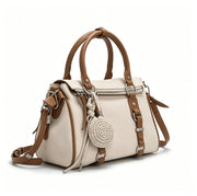 Boho Beige Canvas & Leather Crossbody Satchel, Multi-Way Shoulder Bag with Woven Charm & Adjustable Strap