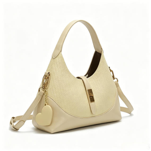 Elegant Cream Beige Woven Leather Hobo Bag, Multi-Way Crossbody Shoulder Bag with Heart Charm for Everyday
