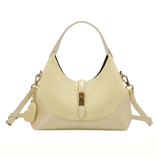 Elegant Cream Beige Woven Leather Hobo Bag, Multi-Way Crossbody Shoulder Bag with Heart Charm for Everyday