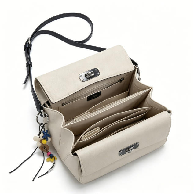 Casual Beige Canvas Crossbody Bag, Minimalist Flap Shoulder Bag with Boho Charm for Everyday