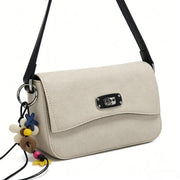 Casual Beige Canvas Crossbody Bag, Minimalist Flap Shoulder Bag with Boho Charm for Everyday