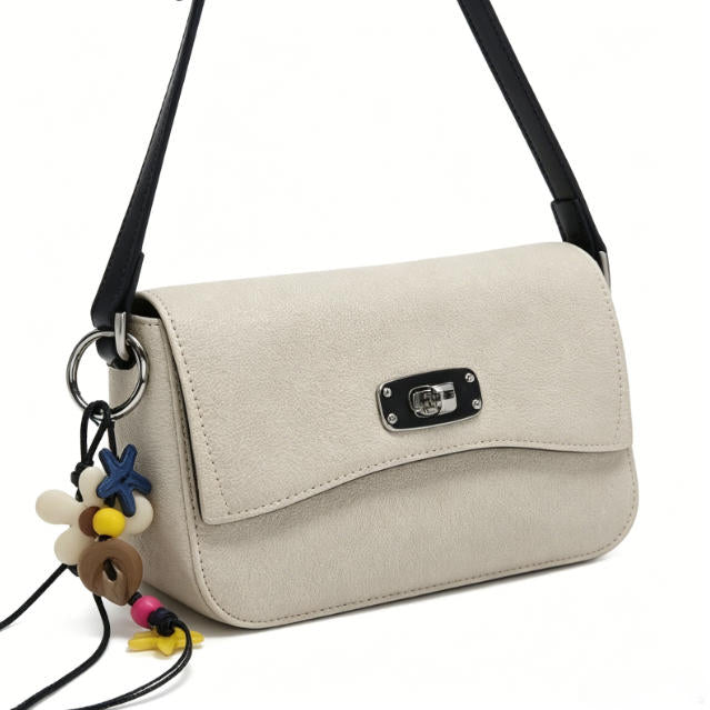Casual Beige Canvas Crossbody Bag, Minimalist Flap Shoulder Bag with Boho Charm for Everyday