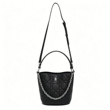 Genuine Leather Quilted Bucket Crossbody Bag, Women's Black Multi-Way Bag with Chain Detail & Adjustable Strap, OEM/ODM Customizable