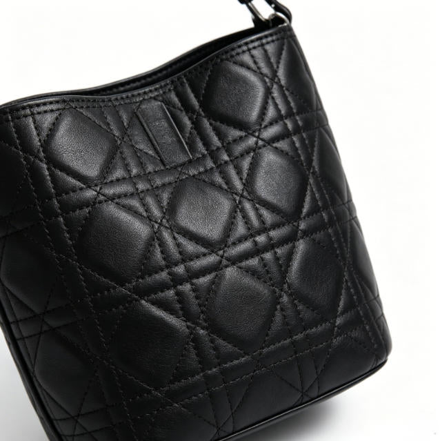 Genuine Leather Quilted Bucket Crossbody Bag, Women's Black Multi-Way Bag with Chain Detail & Adjustable Strap, OEM/ODM Customizable