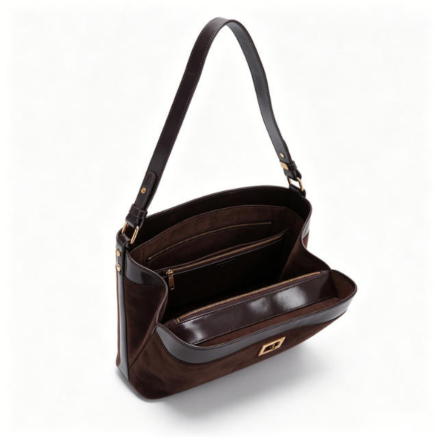 Retro Dark Brown Suede & Leather Bucket Shoulder Bag, Casual Crossbody Hobo Bag with Gold Accents