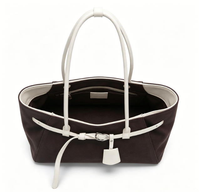 Elegant Dark Brown Canvas Tote Bag, Spacious Shoulder Work Bag with White Faux Leather Belt Detail