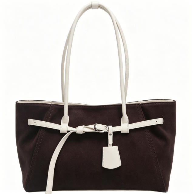 Elegant Dark Brown Canvas Tote Bag, Spacious Shoulder Work Bag with White Faux Leather Belt Detail
