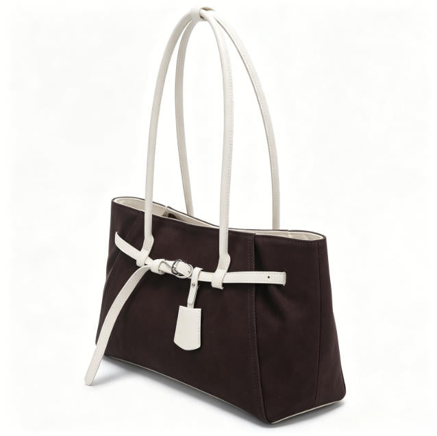 Elegant Dark Brown Canvas Tote Bag, Spacious Shoulder Work Bag with White Faux Leather Belt Detail