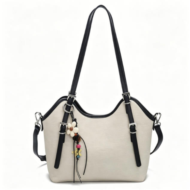 Casual Beige Canvas & Faux Leather Hobo Tote Bag, Multi-Way Shoulder & Crossbody Bag with Boho Charm