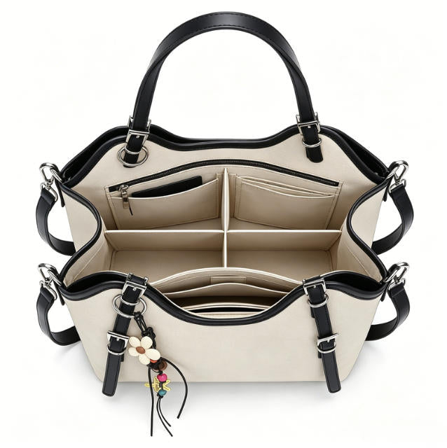 Casual Beige Canvas & Faux Leather Hobo Tote Bag, Multi-Way Shoulder & Crossbody Bag with Boho Charm