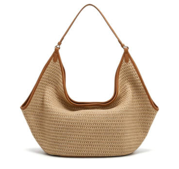 Boho Beige Woven Straw Hobo Bag, Large Casual Shoulder Tote with Faux Leather Trim for Summer