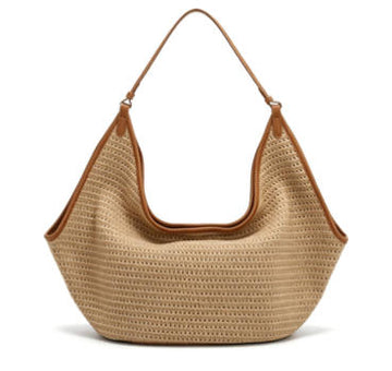 Boho Beige Woven Straw Hobo Bag, Large Casual Shoulder Tote with Faux Leather Trim for Summer