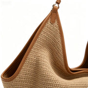 Boho Beige Woven Straw Hobo Bag, Large Casual Shoulder Tote with Faux Leather Trim for Summer