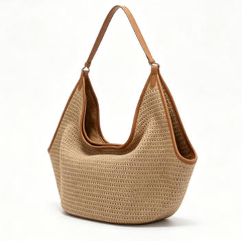 Boho Beige Woven Straw Hobo Bag, Large Casual Shoulder Tote with Faux Leather Trim for Summer