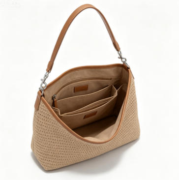 Casual Beige Woven Straw Shoulder Bag, Lightweight Crochet Hobo Tote with Faux Leather Trim for Summer