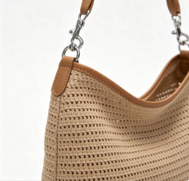 Casual Beige Woven Straw Shoulder Bag, Lightweight Crochet Hobo Tote with Faux Leather Trim for Summer