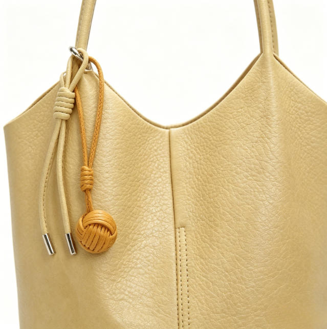 Elegant Light Yellow Faux Leather Bucket Tote Bag, Minimalist Shoulder Bag with Knotted Charm