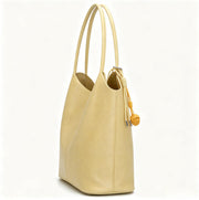 Elegant Light Yellow Faux Leather Bucket Tote Bag, Minimalist Shoulder Bag with Knotted Charm