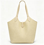 Minimalist Light Beige Woven Bucket Tote Bag, Spacious Everyday Shoulder Bag with Snap Closure