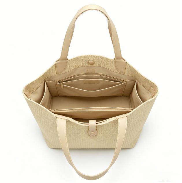 Minimalist Light Beige Woven Bucket Tote Bag, Spacious Everyday Shoulder Bag with Snap Closure