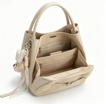 Cute Mini Beige Suede Bucket Bag, Multi-Way Crossbody & Top-Handle Bag with Teddy Charm