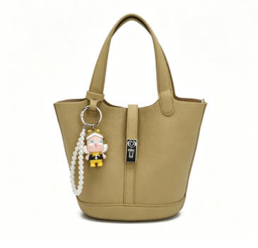 Cute Khaki Mini Bucket Bag, Multi-Way Faux Leather Tote with Pearl Chain & Doll Charm
