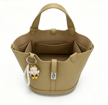Cute Khaki Mini Bucket Bag, Multi-Way Faux Leather Tote with Pearl Chain & Doll Charm