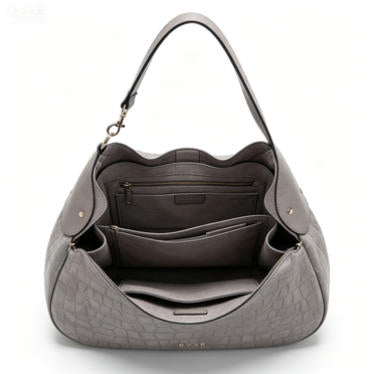 Chic Grey Croc-Embossed Hobo Tote Bag, Spacious Everyday Shoulder Bag with Gold Accents