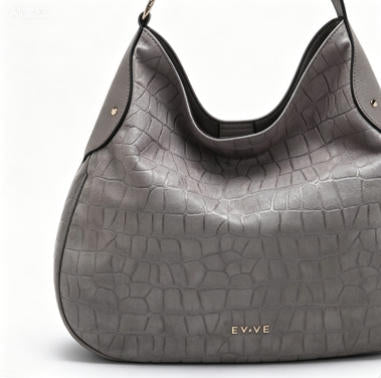 Chic Grey Croc-Embossed Hobo Tote Bag, Spacious Everyday Shoulder Bag with Gold Accents
