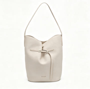 Minimalist Cream Bucket Tote Bag, Everyday Faux Leather Shoulder Bag with Belt Detail