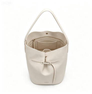 Minimalist Cream Bucket Tote Bag, Everyday Faux Leather Shoulder Bag with Belt Detail