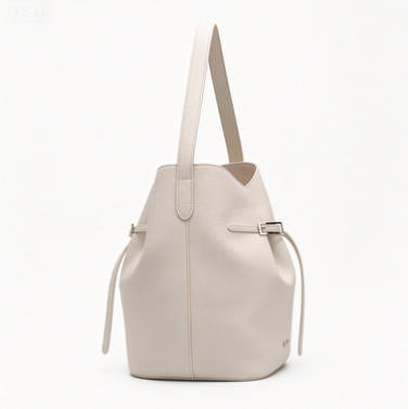 Minimalist Cream Bucket Tote Bag, Everyday Faux Leather Shoulder Bag with Belt Detail