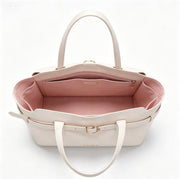 Elegant Cream Faux Leather Tote Bag, Work-Friendly Bucket Bag with Gold Buckle Detail