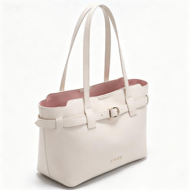 Elegant Cream Faux Leather Tote Bag, Work-Friendly Bucket Bag with Gold Buckle Detail