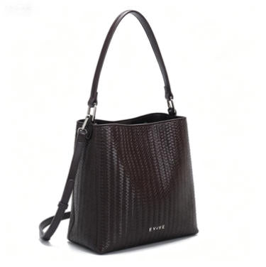 Chic Dark Brown Woven Bucket Bag, Versatile Multi-Way Tote with Detachable Crossbody Strap