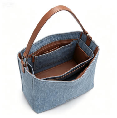 Casual Denim-Style Bucket Bag, Everyday Shoulder Tote with Leather Accents