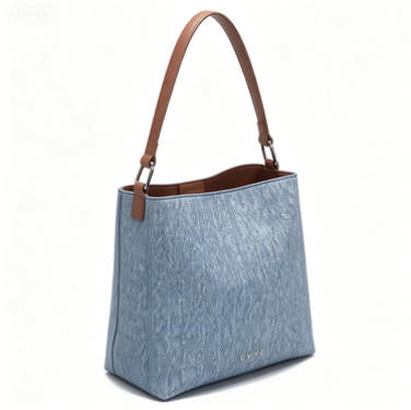 Casual Denim-Style Bucket Bag, Everyday Shoulder Tote with Leather Accents