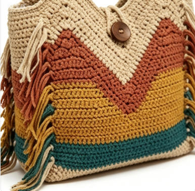 Colorful Chevron Crochet Beach Tote Bag, Bohemian Fringe Shoulder Bag for Summer