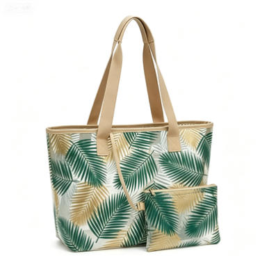 Tropical Palm Leaf Mesh Beach Tote Bag, See-Through Summer Tote with Matching Pouch