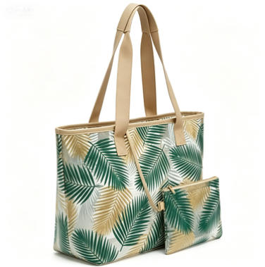 Tropical Palm Leaf Mesh Beach Tote Bag, See-Through Summer Tote with Matching Pouch