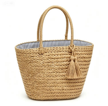 Classic Woven Straw Beach Tote Bag, Summer Basket Bag with Tassel Detail & Striped Lining