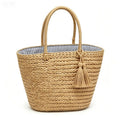 Classic Woven Straw Beach Tote Bag, Summer Basket Bag with Tassel Detail & Striped Lining